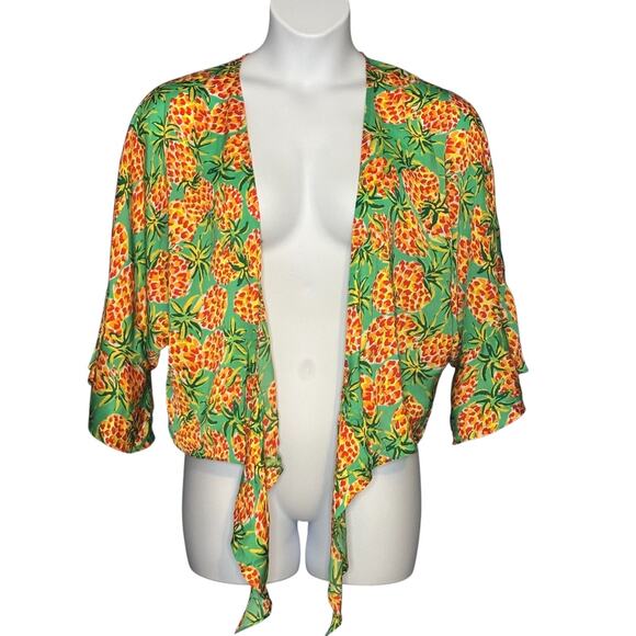 Skies Are Blue Tropical Blouse Large Top Pineapple Print Tie Waist Kimono Sleeve - Picture 2 of 12